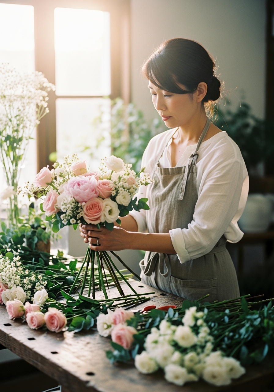 花を束ねるスタッフ