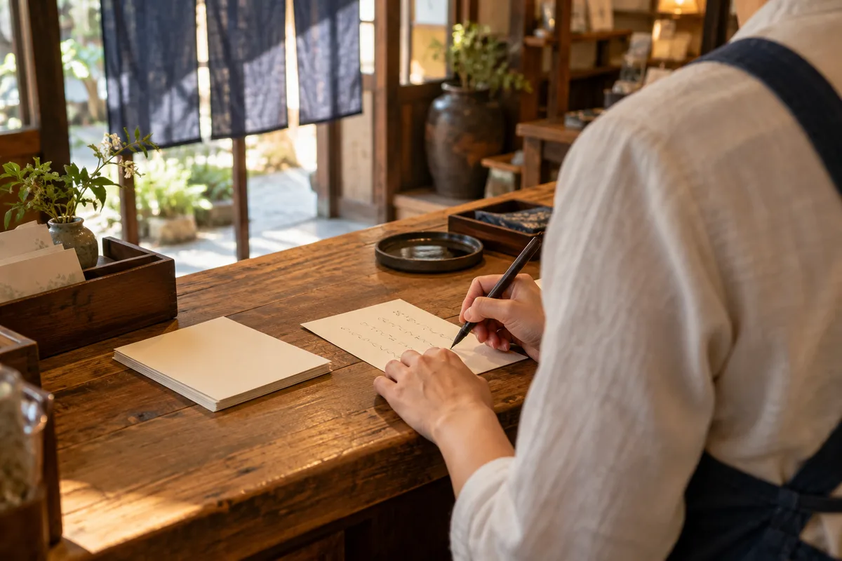 お店のカウンターの前に立つ店主の後ろ姿と、手書きの挨拶文のメモ