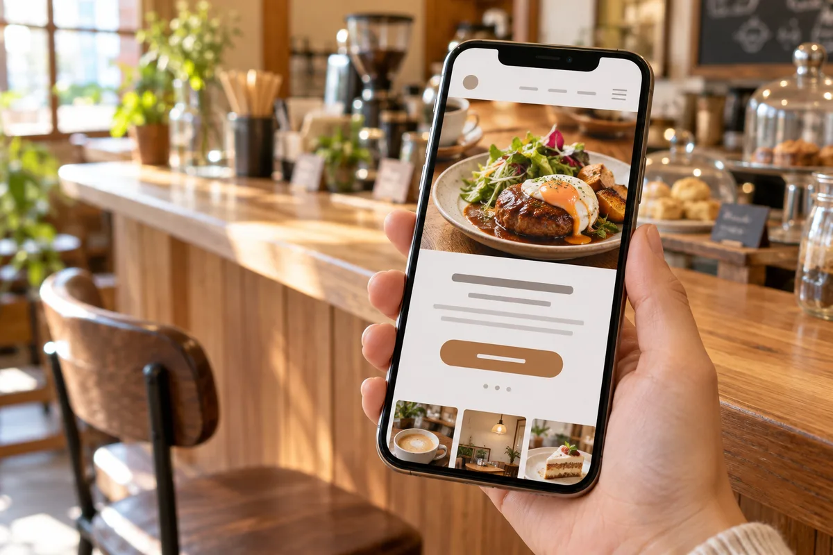 スマホでお店のホームページの最初の画面を確かめる手元