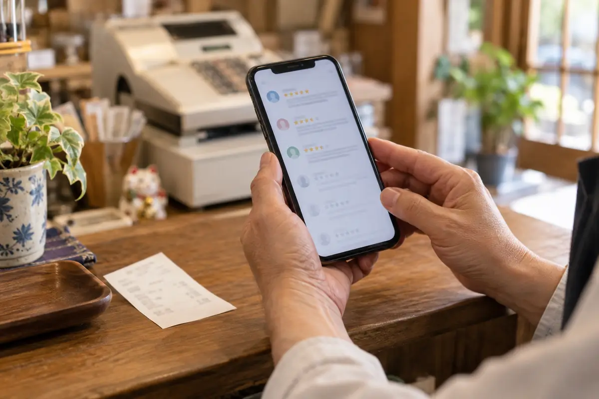店のレジ横で、スマートフォンの口コミ画面を見比べているお店の人の手元