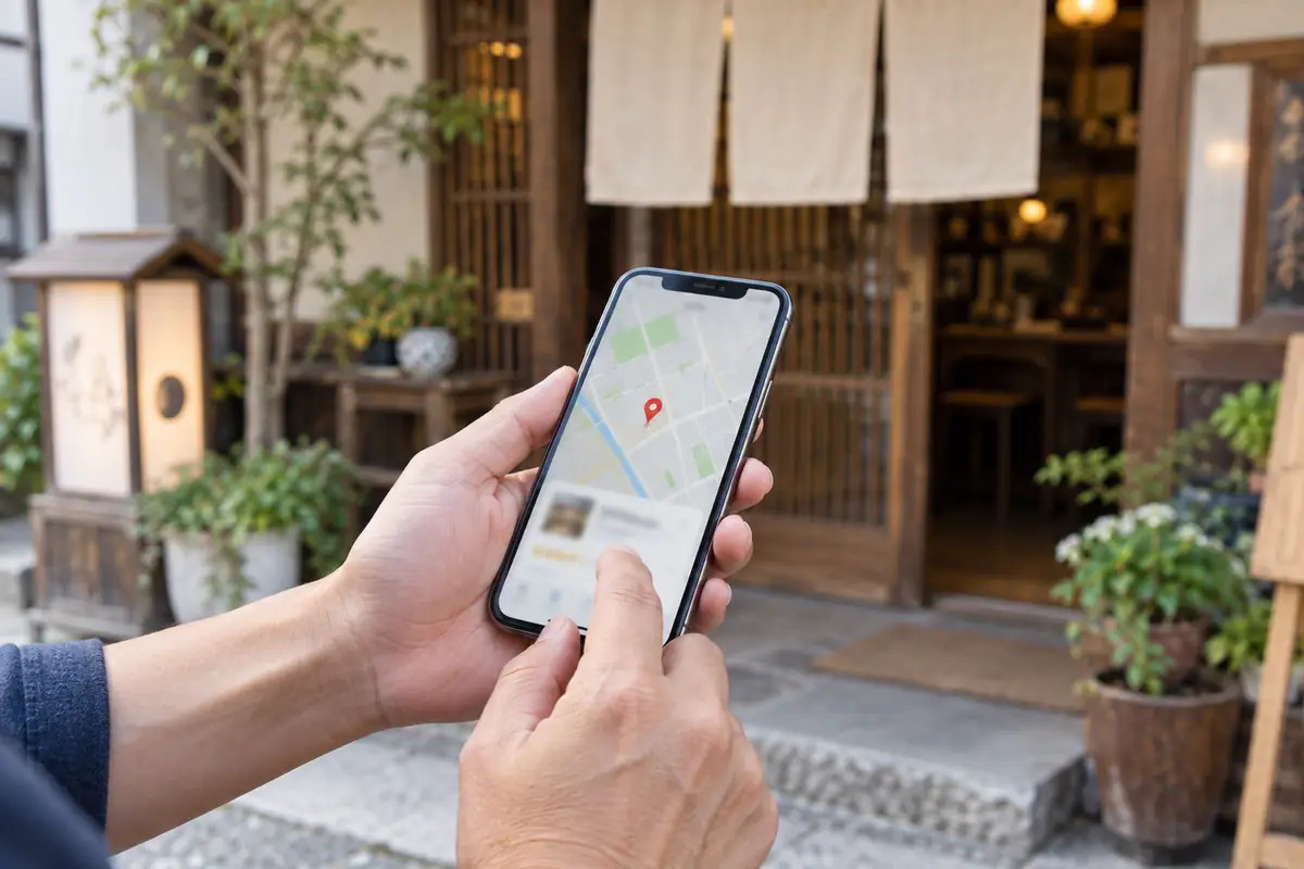 店の前でスマートフォンの地図アプリに表示された自分の店を確かめる店主の手元