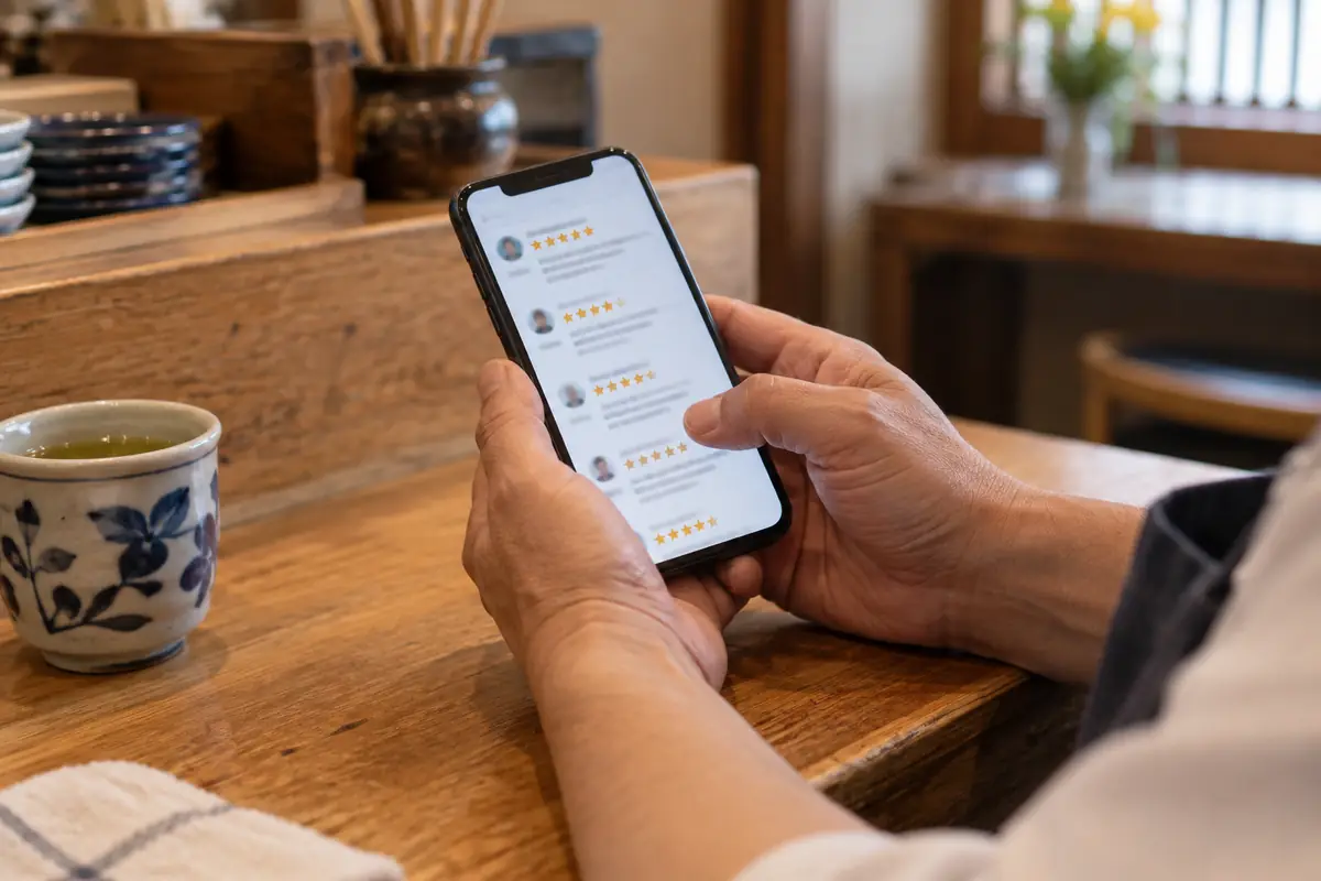 店のカウンターでスマートフォンの口コミ画面を見ながら考え込む店主の手元
