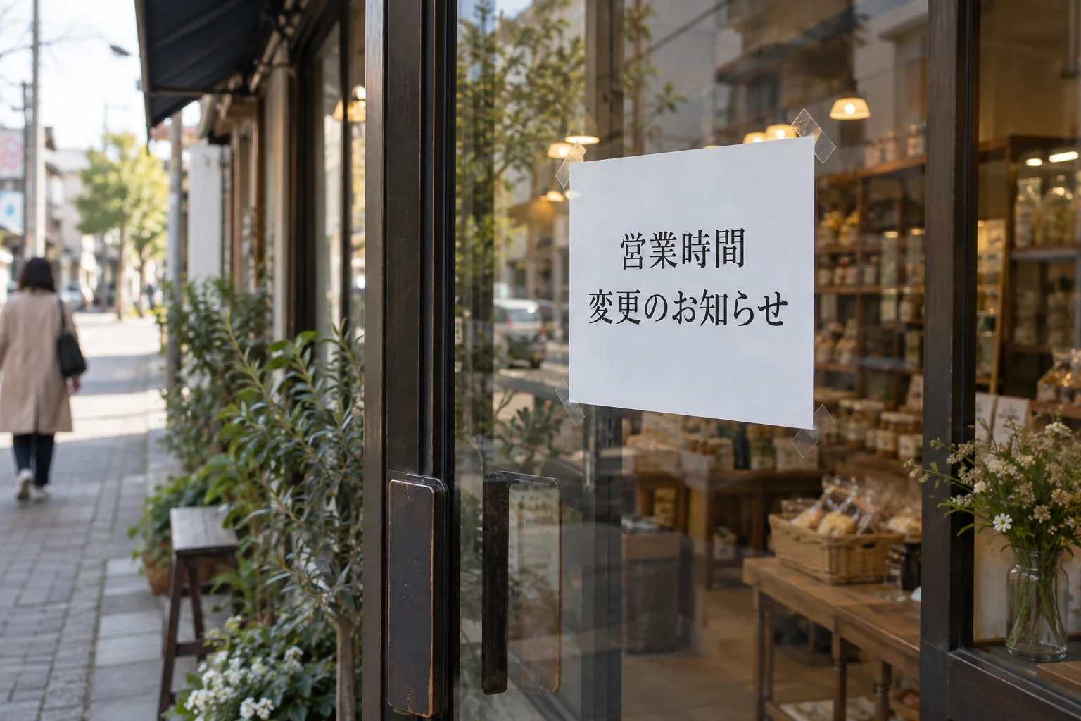 店の扉に貼られた営業時間変更のお知らせと、その前を通りかかる人