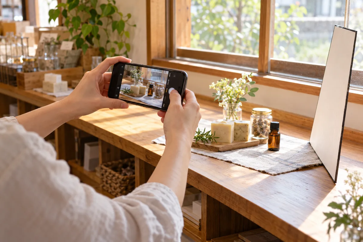 窓際の明るい光の中で、スマホを構えて料理の写真を撮る手元
