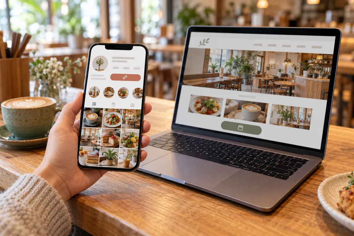 カフェのカウンターで、SNSのプロフィール画面を表示したスマホと、予約ボタンのあるホームページを開いたノートパソコン