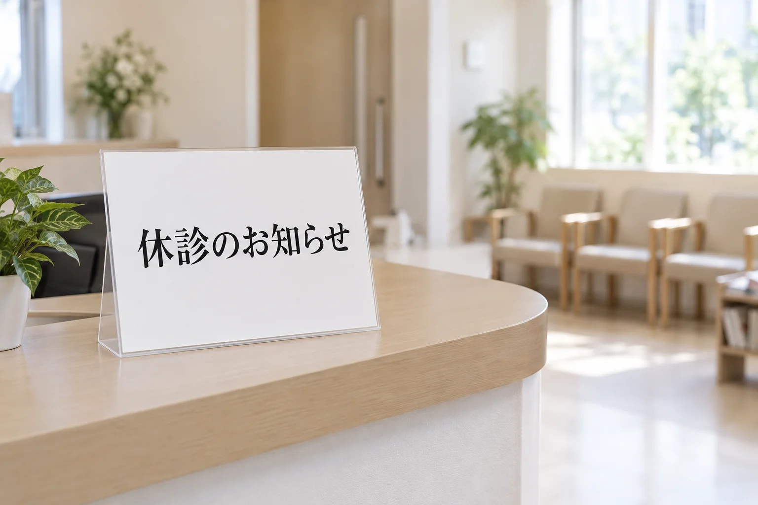 クリニックの受付カウンターに置かれた休診のお知らせの掲示