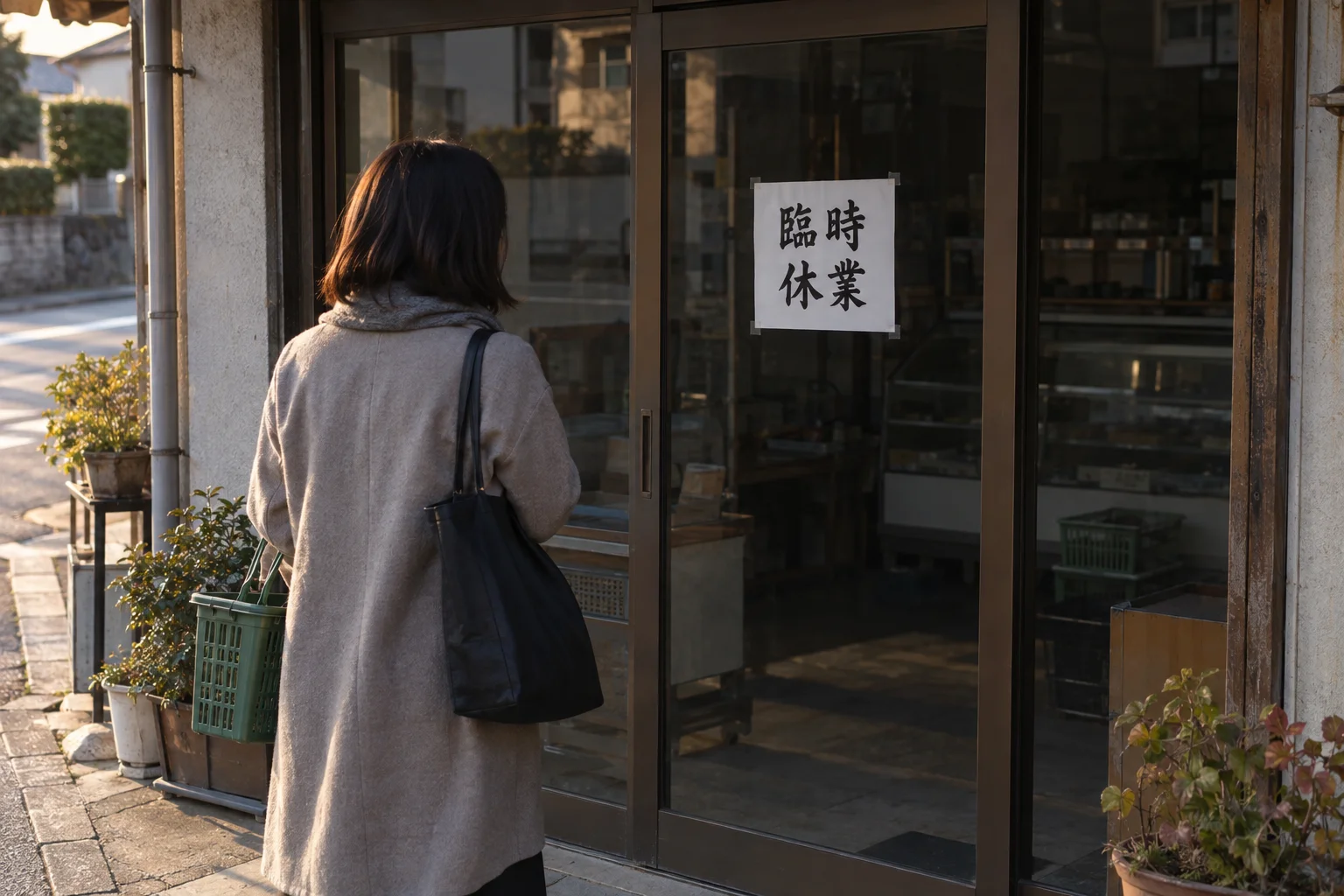 店の入口のガラス扉に貼られた臨時休業の紙と、その前でスマートフォンを見ている人