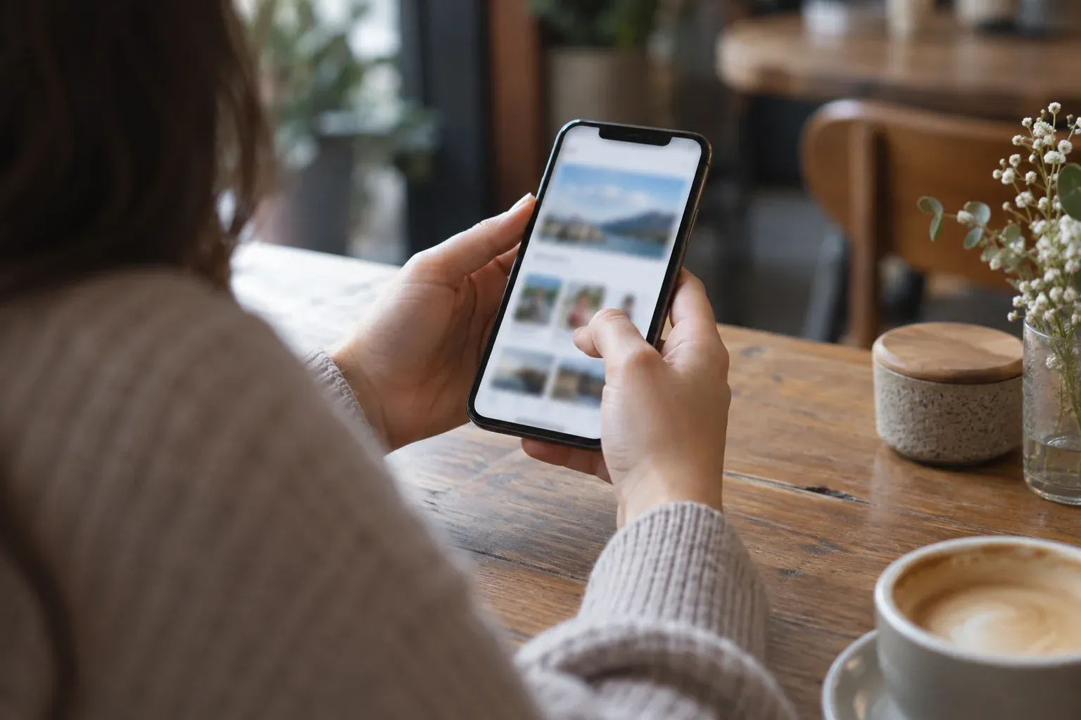 店のカウンターでスマートフォンからホームページを見ている人の手元