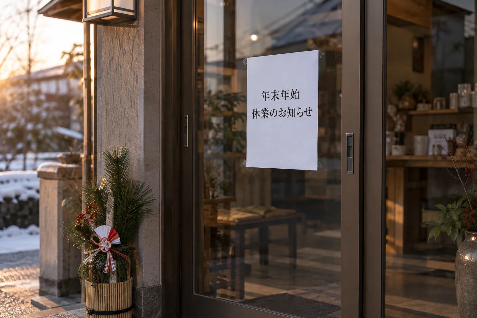 店の入口に貼られた年末年始休業のお知らせと、正月飾り