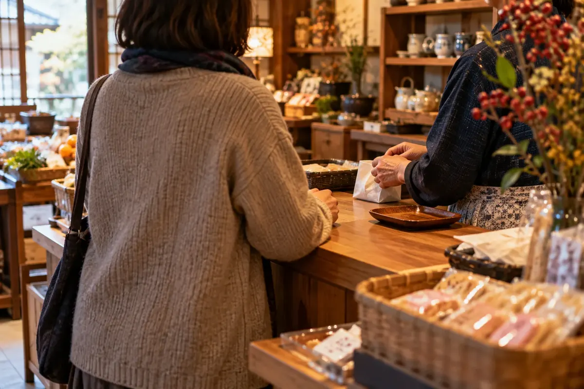 木のカウンター越しに、お客様と店主が話している様子（イメージ）