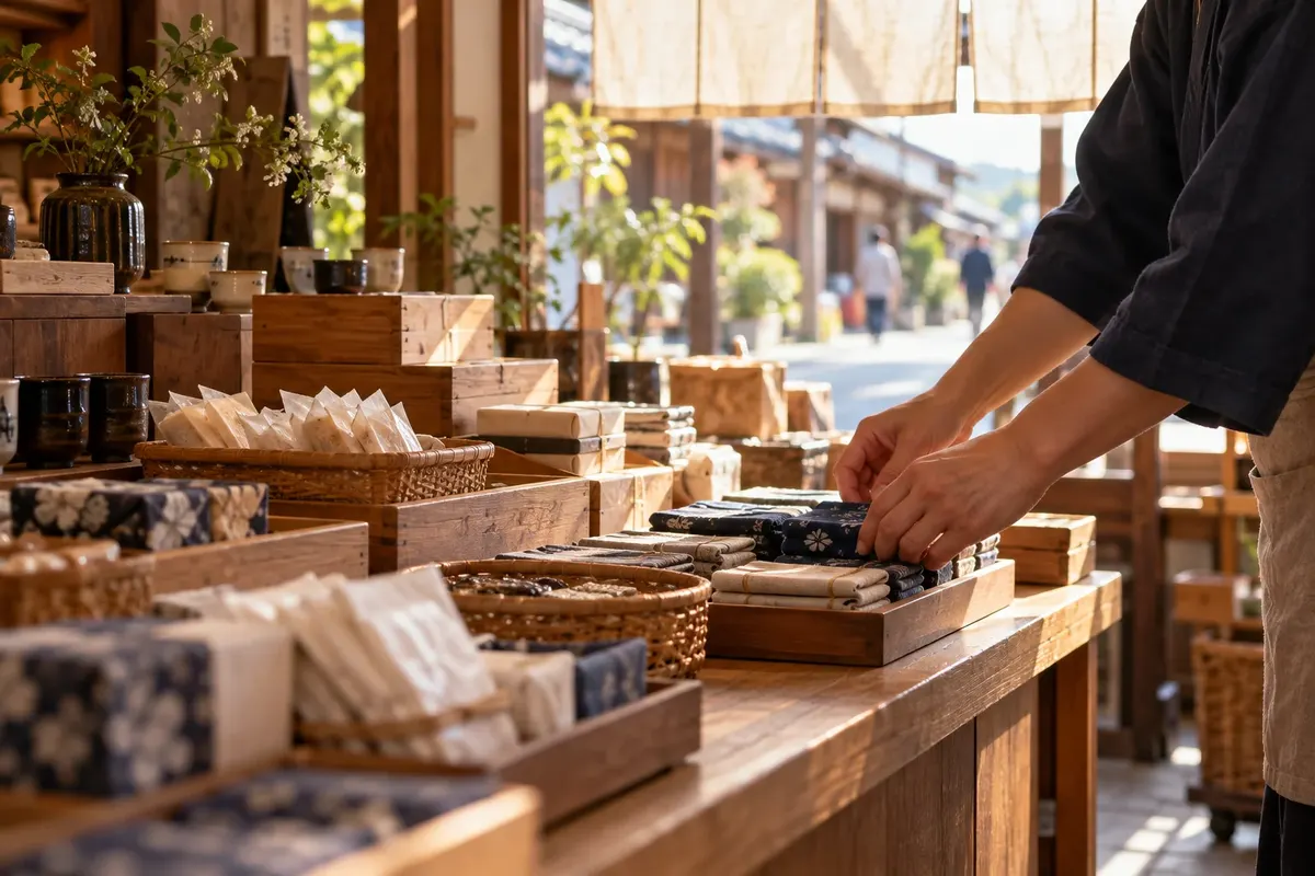 開店前のお店で、木のカウンターに商品を並べる手元（イメージ）