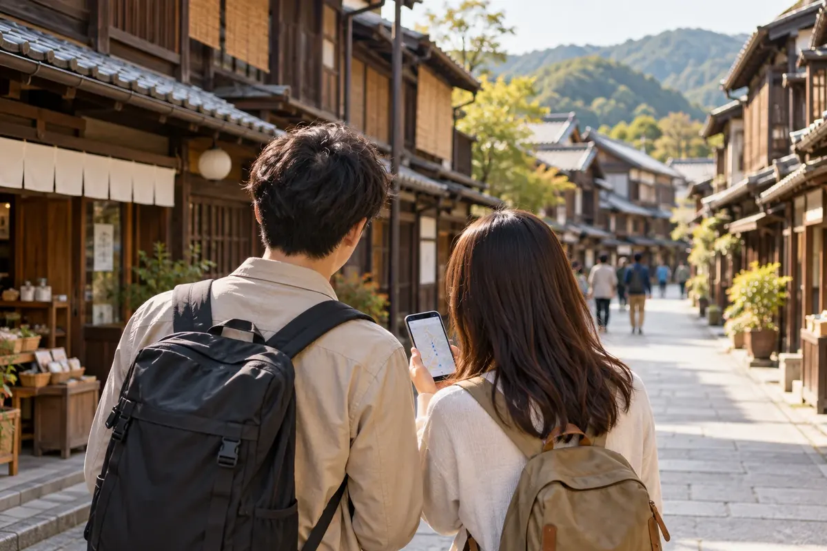 町家の並ぶ通りで、スマホの地図を見ながらお店を探す旅行者（イメージ）