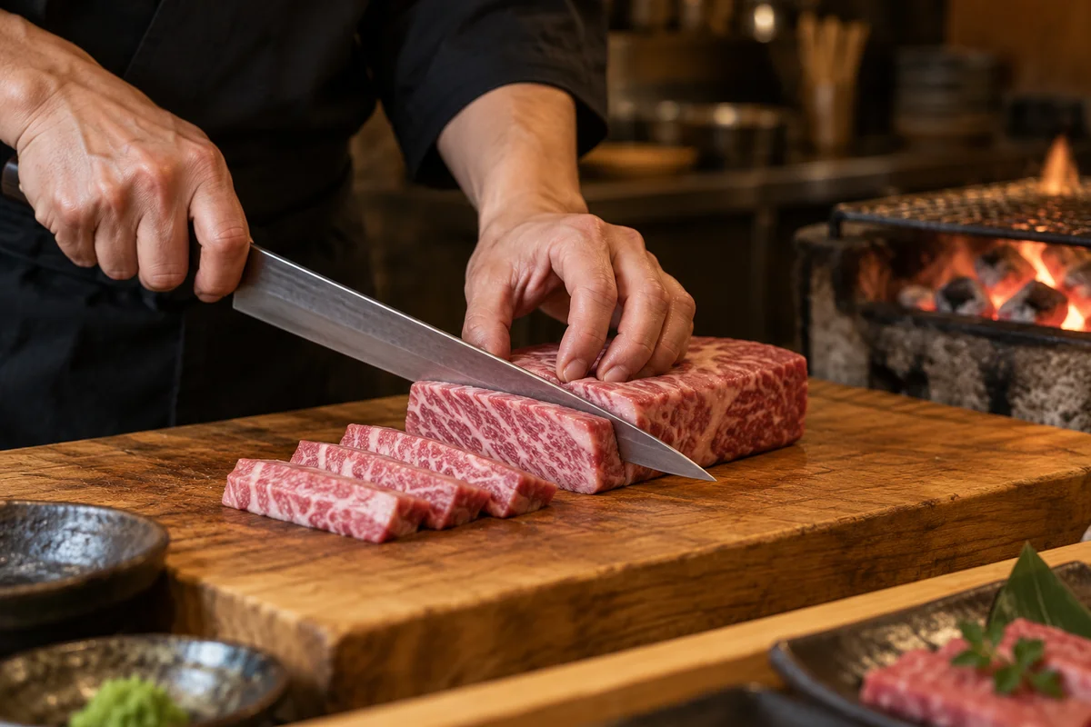 木のまな板の上で、料理人が霜降りの牛肉を切り分ける手元（イメージ）